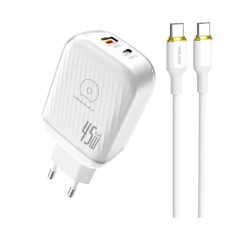 Kit Chargeur Rapide GaN 45W USB-C + USB-A avec Câble USB-C 1M WUW-T116 - Blanc