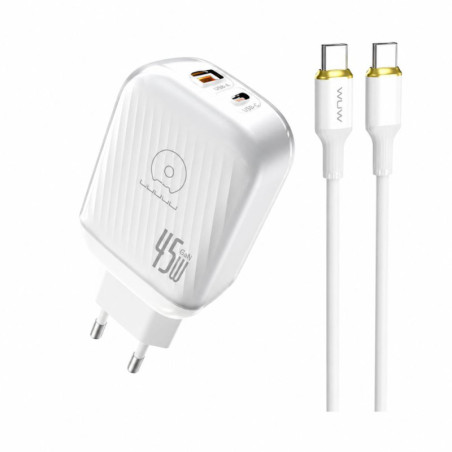 Kit Chargeur Rapide GaN 45W USB-C + USB-A avec Câble USB-C 1M WUW-T116 - Blanc