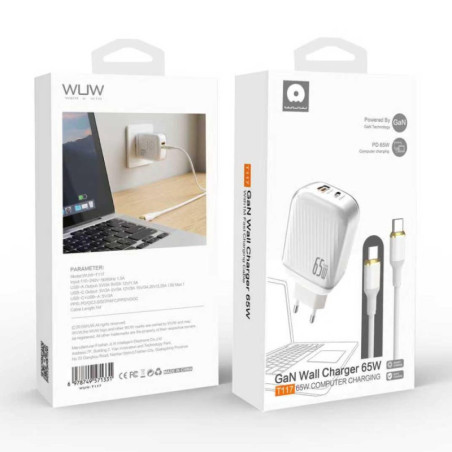 Kit Chargeur Rapide GaN 65W USB-C + USB-A avec Câble USB-C 1M WUW-T117 - Blanc