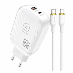 Kit Chargeur Rapide GaN 65W USB-C + USB-A avec Câble USB-C 1M WUW-T117 - Blanc