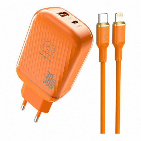 Kit Chargeur Rapide GaN 30W USB-C + USB-A avec Câble USB-C to Lightning 1M WUW-T115 - Orange