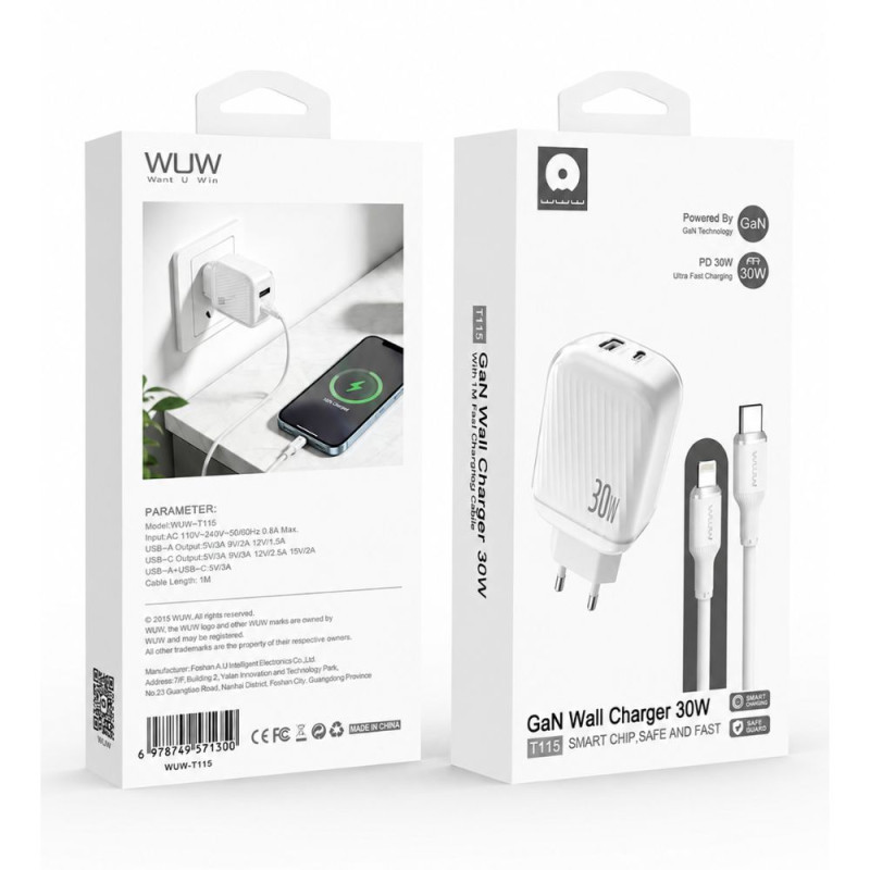 Kit Chargeur Rapide GaN 30W USB-C + USB-A avec Câble USB-C to Lightning 1M WUW-T115 - Blanc