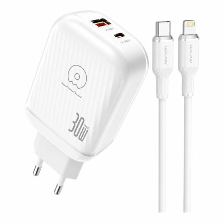Kit Chargeur Rapide GaN 30W USB-C + USB-A avec Câble USB-C to Lightning 1M WUW-T115 - Blanc