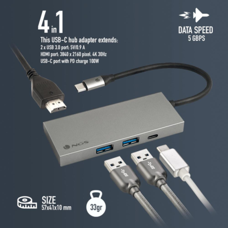 Adaptateur NGS Wonder Dock 4 PRO USB-C Multi Port 4 En1 - Gris