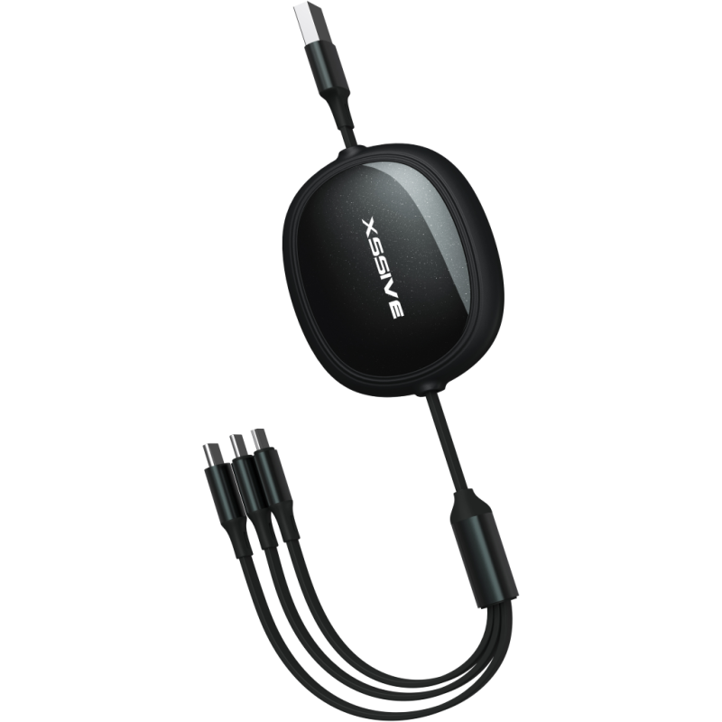 Câble rétractable 3-en-1 XSSIVE XSS-3IN1DESK2B – Charge rapide et données, noir