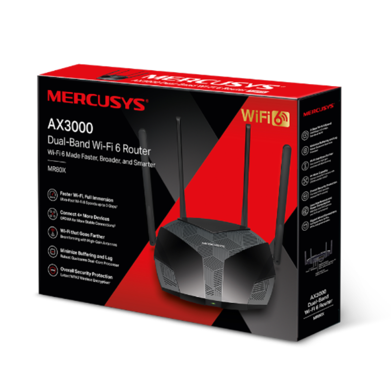 Mercusys Dual-Band WiFi 6 AX3000 Router MR80X – 3 Gbps Mercusys Dual-Band WiFi 6 AX3000 Router MR80X – 3 Gbps
