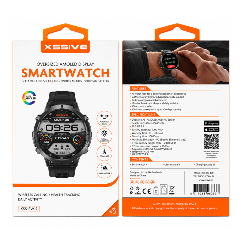 XSSIVE Smartwatch XSS-SW17 – 1.3" AMOLED HD black silicone strap