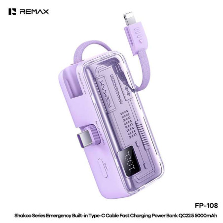 REMAX Batterie externe FP-108 – 5 000 mAh 22,5 W USB-C et Lightning violet