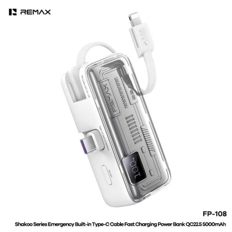 REMAX Batterie externe FP-108 – 5 000 mAh 22,5 W USB-C et Lightning blanc