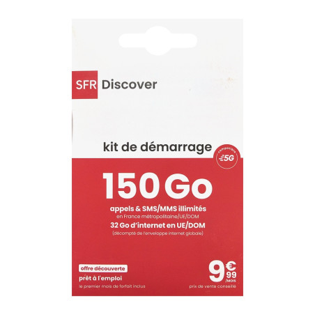 SFR Carte SIM prépayée Discover – 150 Go 5G, appels/SMS/MMS illimités