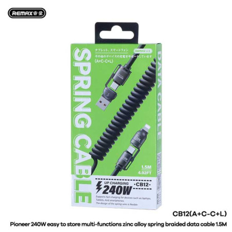REMAX Cable CB12 4-in-1 Coiled – USB-A/USB-C to USB-C/Lightning 240 W 1.5 m Black