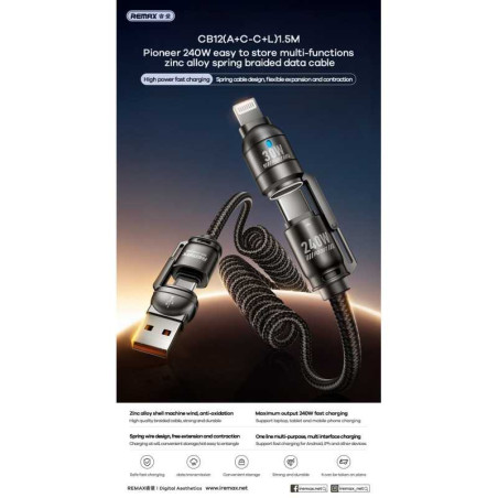 REMAX Cable CB12 4-in-1 Coiled – USB-A/USB-C to USB-C/Lightning 240 W 1.5 m Black