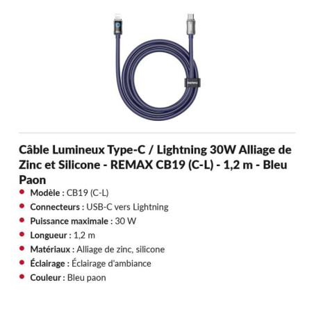 REMAX Light-Up Cable CB19 USB-C to Lightning – 30 W 1.2 m Peacock Blue