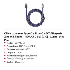 Câble REMAX CB19 USB-C 65 W 1,2 m bleu | Smarty