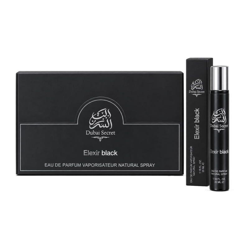 Dubai Secret Perfume spray Elexir Black – Box of 24 x 35 ml bottles Dubai Secret Perfume spray Elexir Black – Box of 24 x 35 ml bottles