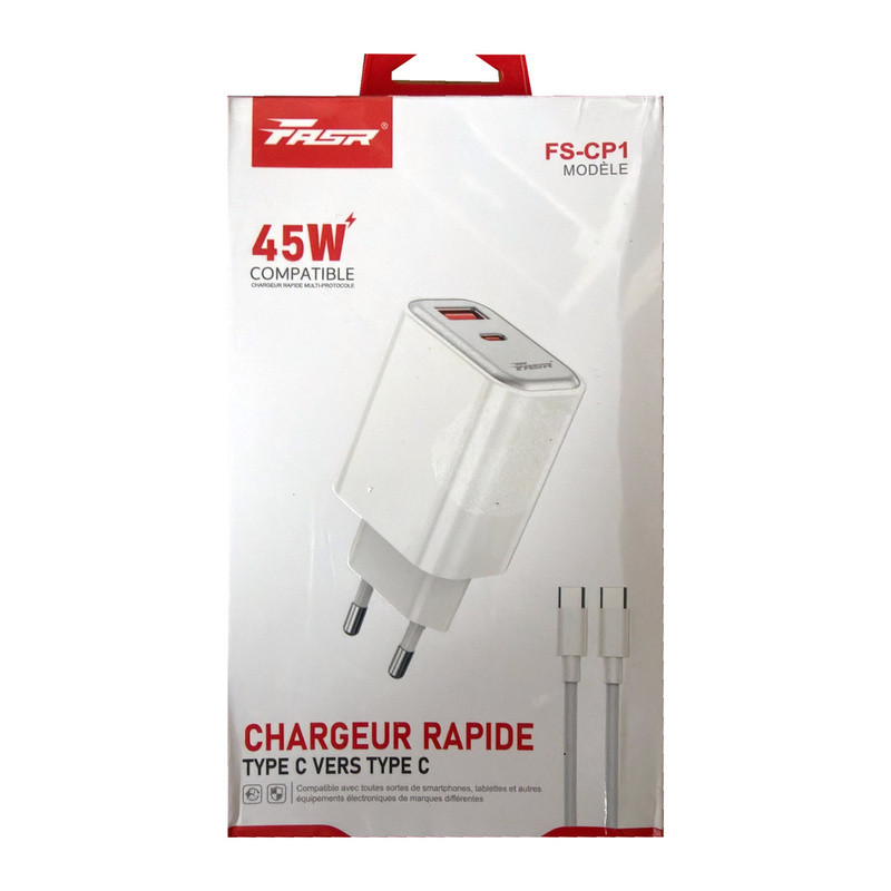 FASR Chargeur rapide FS-CP1 45 W USB-A + USB-C – Câble USB-C vers USB-C blanc FASR Chargeur rapide FS-CP1 45 W USB-A + USB-C – Câble USB-C vers USB-C blanc