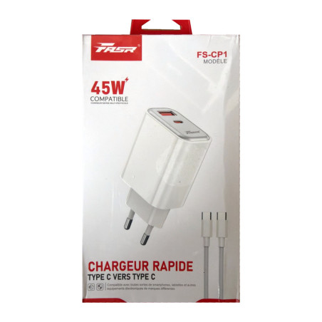 FASR Fast Charger FS-CP1 45 W USB-A + USB-C – USB-C to USB-C Cable White