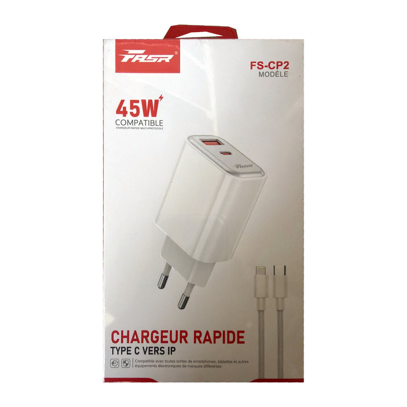 FASR Chargeur rapide FS-CP2 45 W USB-A + USB-C – Câble USB-C vers Lightning blanc FASR Chargeur rapide FS-CP2 45 W USB-A + USB-C – Câble USB-C vers Lightning blanc