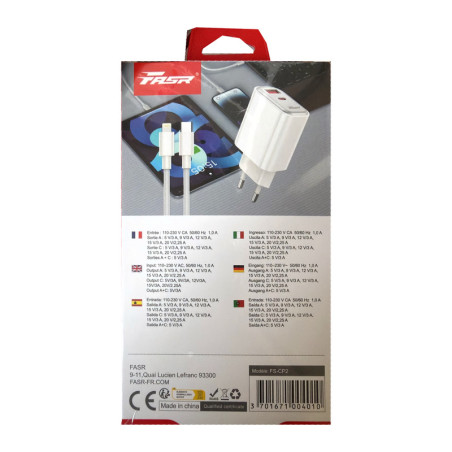 FASR Chargeur rapide FS-CP2 45 W USB-A + USB-C – Câble USB-C vers Lightning blanc