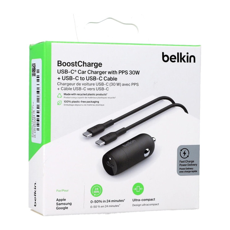 Belkin Chargeur allume-cigare USB-C 30 W avec câble 1 m – CCA004BT1MBK-B6 Noir