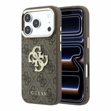 Guess 4G PU Big Strass Logo – Coque pour iPhone 18 Pro / Pro Max, marron