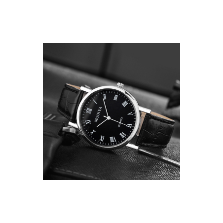 Montre à Quartz pour Hommes Modiya Bracelet en Cuir PU Chiffre Romain Noir | Smarty Paris