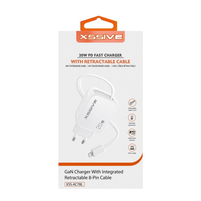 Chargeur rapide XSSIVE XSS-AC78L – 20W Lightning rétractable Blanc Chargeur rapide XSSIVE XSS-AC78L – 20W Lightning rétractable Blanc