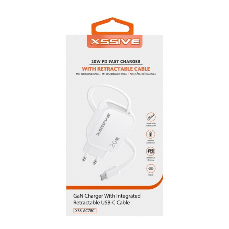 Chargeur XSSIVE XSS-AC78C – 20 W avec câble rétractable USB-C Blanc