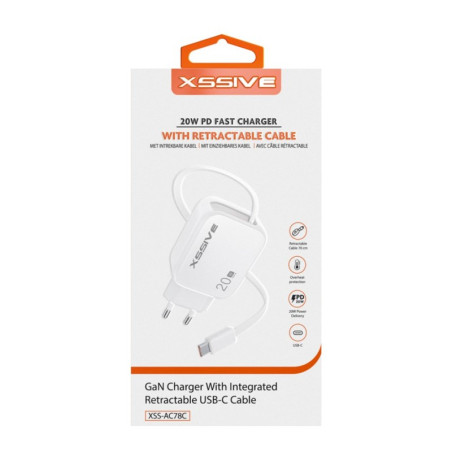 Chargeur XSSIVE XSS-AC78C – 20 W avec câble rétractable USB-C Blanc