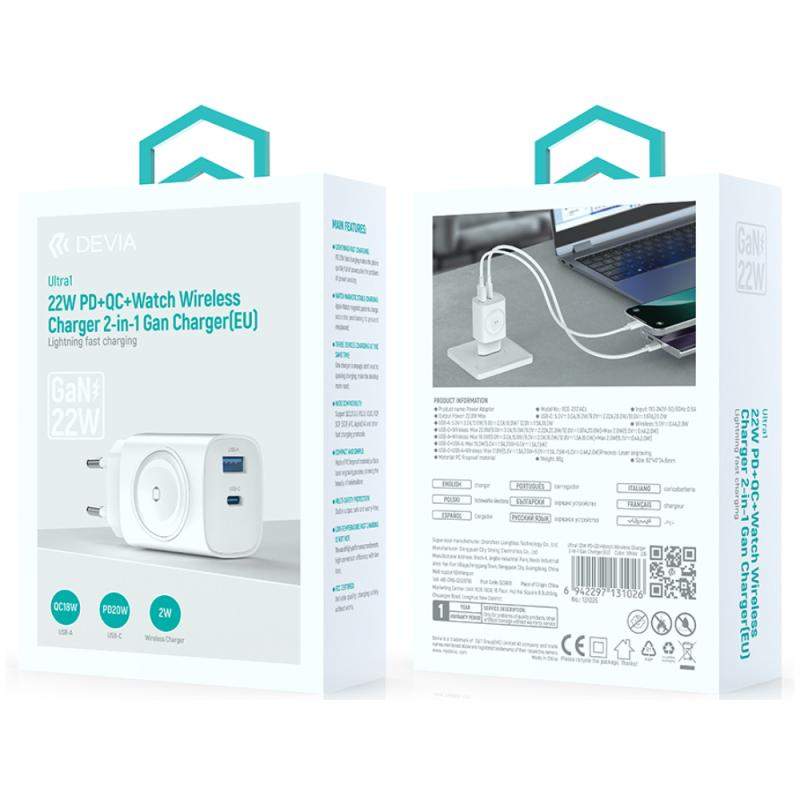 Chargeur Gan 22W PD ＋ QC ＋montre sans fil ＋ 2-en-1 Devia Ultra1 (EU) - Blanc