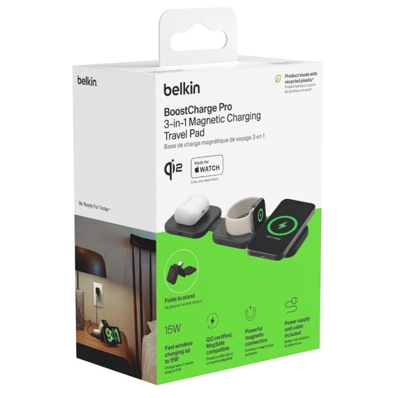 Belkin Portable Qi2 3-in-1 Charging Station – 15W WIZ024vfBK Belkin Portable Qi2 3-in-1 Charging Station – 15W WIZ024vfBK