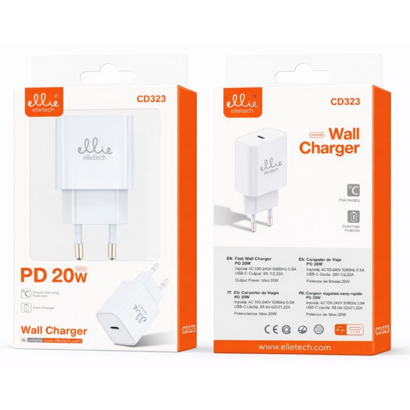 Chargeur rapide USB-C Ellietech CD323 – 20 W Blanc Chargeur rapide USB-C Ellietech CD323 – 20 W Blanc