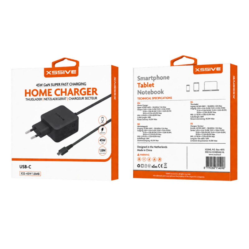 Chargeur Ordinateur USB-C 45W XSSIVE XSS-45W1.8MB - Noir Chargeur Ordinateur USB-C 45W XSSIVE XSS-45W1.8MB - Noir