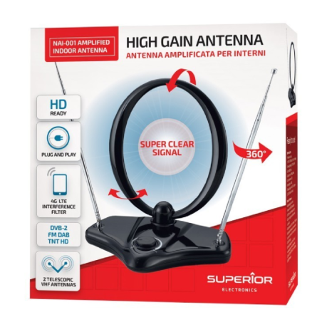 Antenne TV Intérieure – VHF / UHF / FM / alimentation AC - S