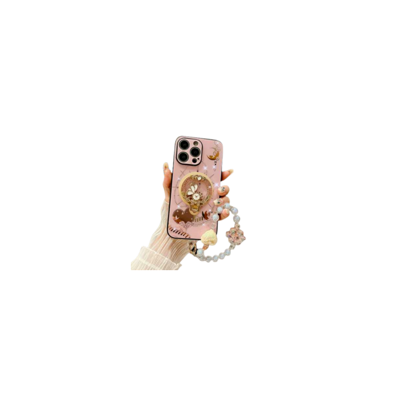 Coque de Protection magnétique pour iPhone + Support décoratif + Bracelet perlé – Style Rose élégant