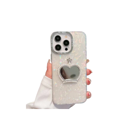 Coque de protection iPhone nacrée avec miroir cœur, perles et couronne – Design chic et maquillage pratique |