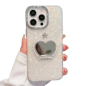 Coque de protection iPhone nacrée avec miroir cœur, perles et couronne – Design chic et maquillage pratique